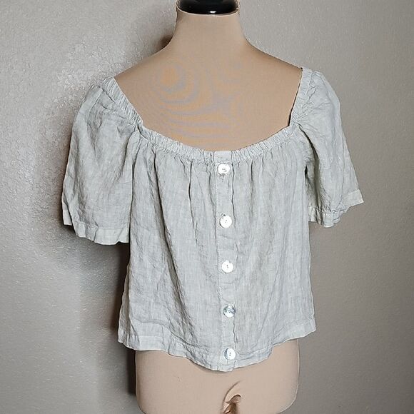 Bella Dahl Off-Shoulder Button-Up Linen Blouse Light Green Small - Picture 2 of 8